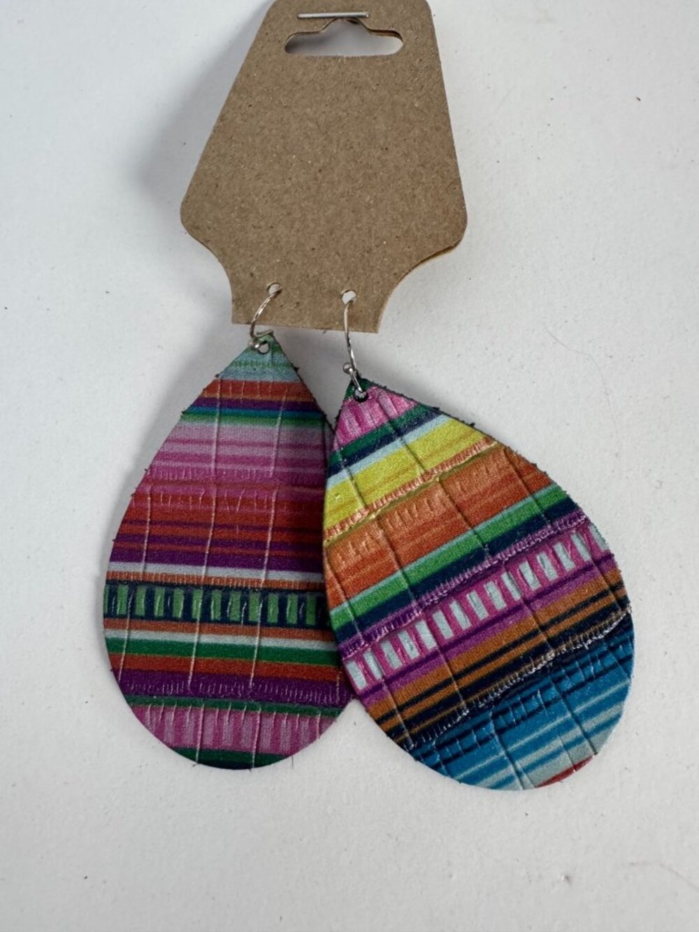 Teardrop Leather Dangle Earrings Multicolor Striped Boho Hook Earrings Handmade